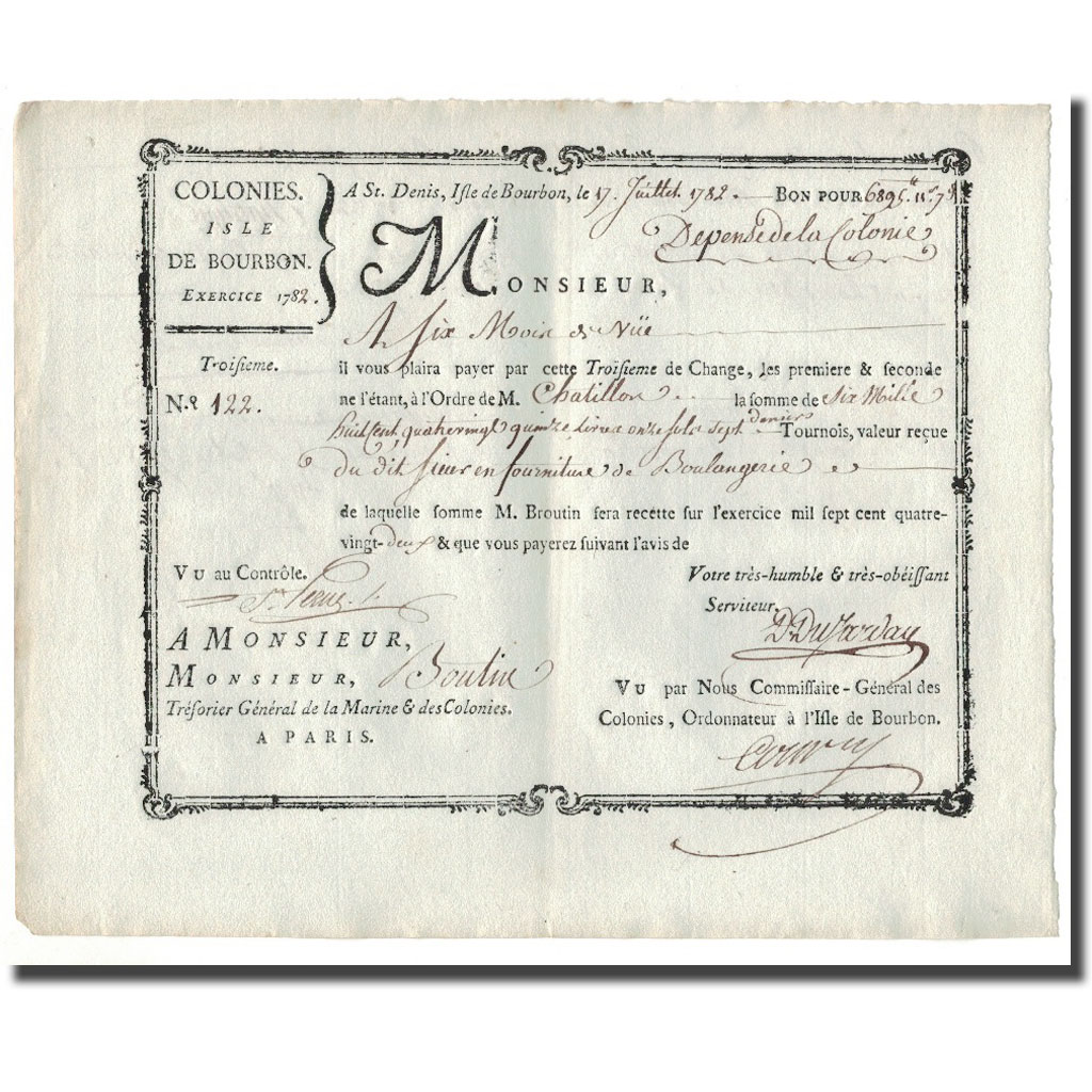 France, Traite, Colonies, Isle de Bourbon, 6895 Livres Tournois, 1782, AU