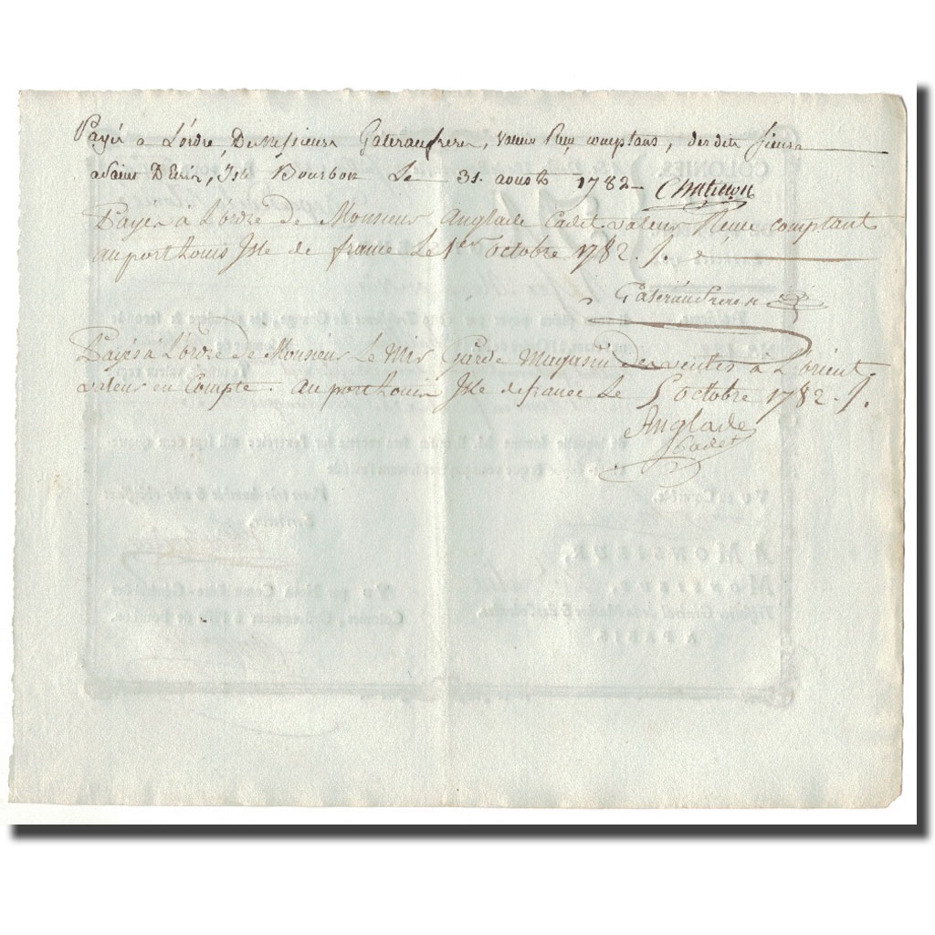France, Traite, Colonies, Isle de Bourbon, 6895 Livres Tournois, 1782, AU