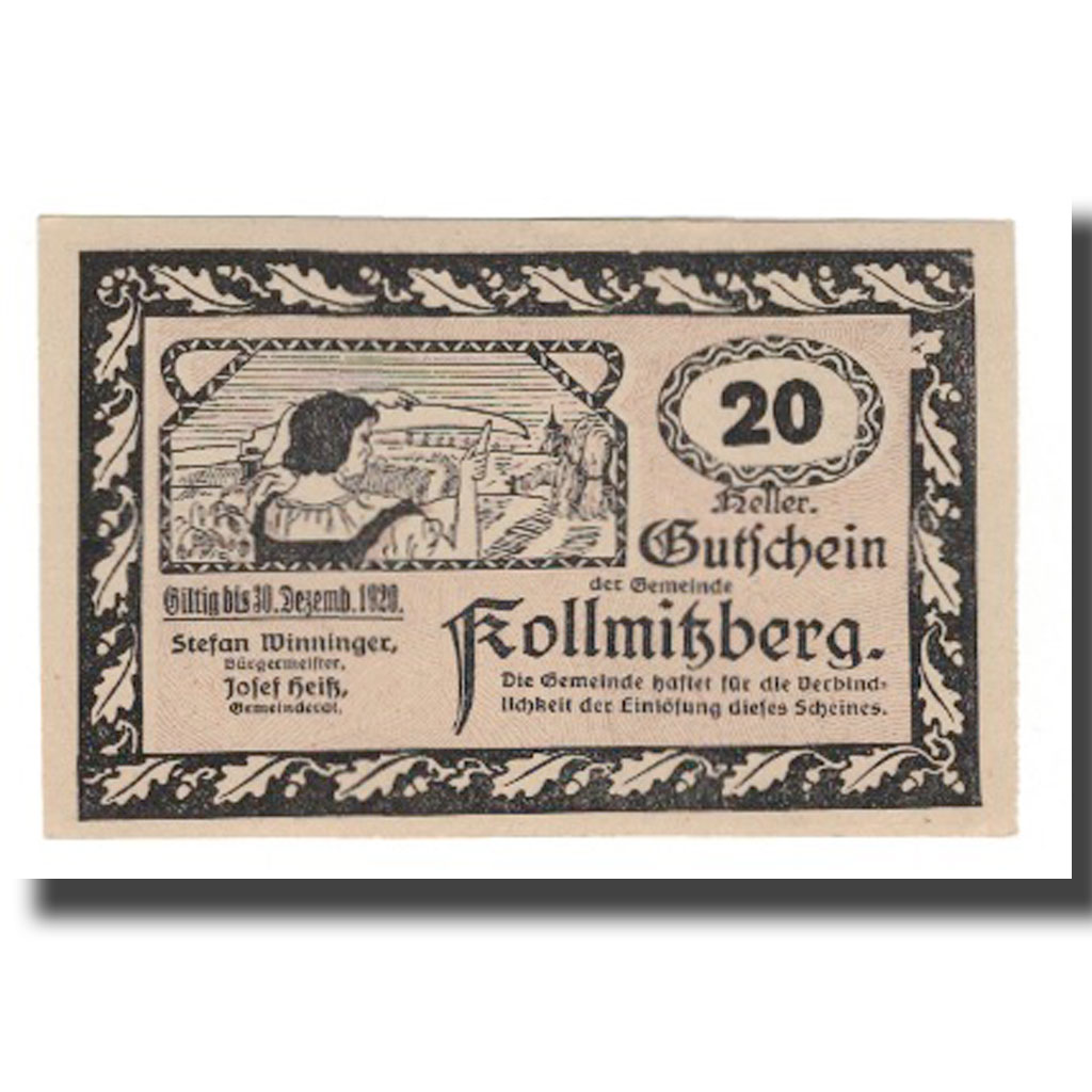 Billete, Austria, Kollmitzberg N.Ö. Gemeinde, 20 Heller, Coq 1, 1920