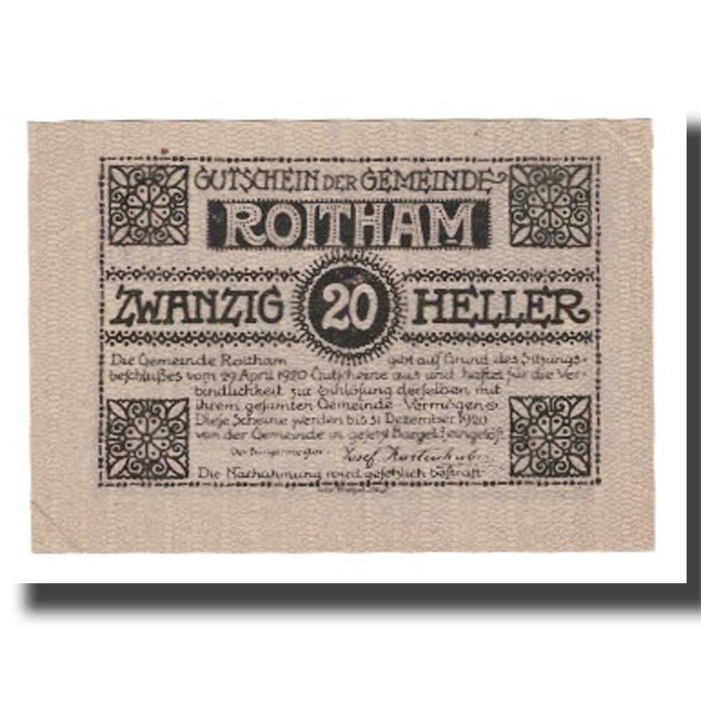 [#666076] Banknote, Austria, Roitham O.Ö. Gemeinde, 20 Heller, paysage 1, 1920