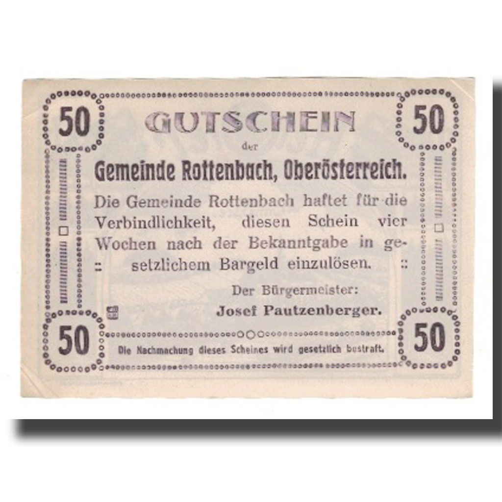 [#666080] Banknote, Austria, Rottenbach O.Ö. Gemeinde, 50 Heller, Texte 2, AU(55