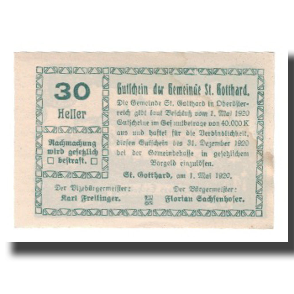 [#666185] Banknote, Austria, St. Gotthard O.Ö. Gemeinde, 30 Heller, Texte, 1920