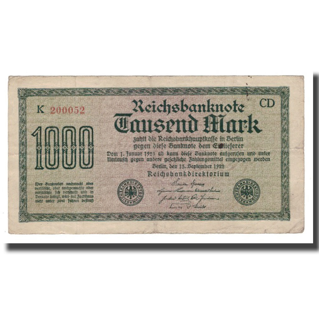Billete, 1000 Mark, 1922, Alemania, 1922-09-15, KM:76b, BC+