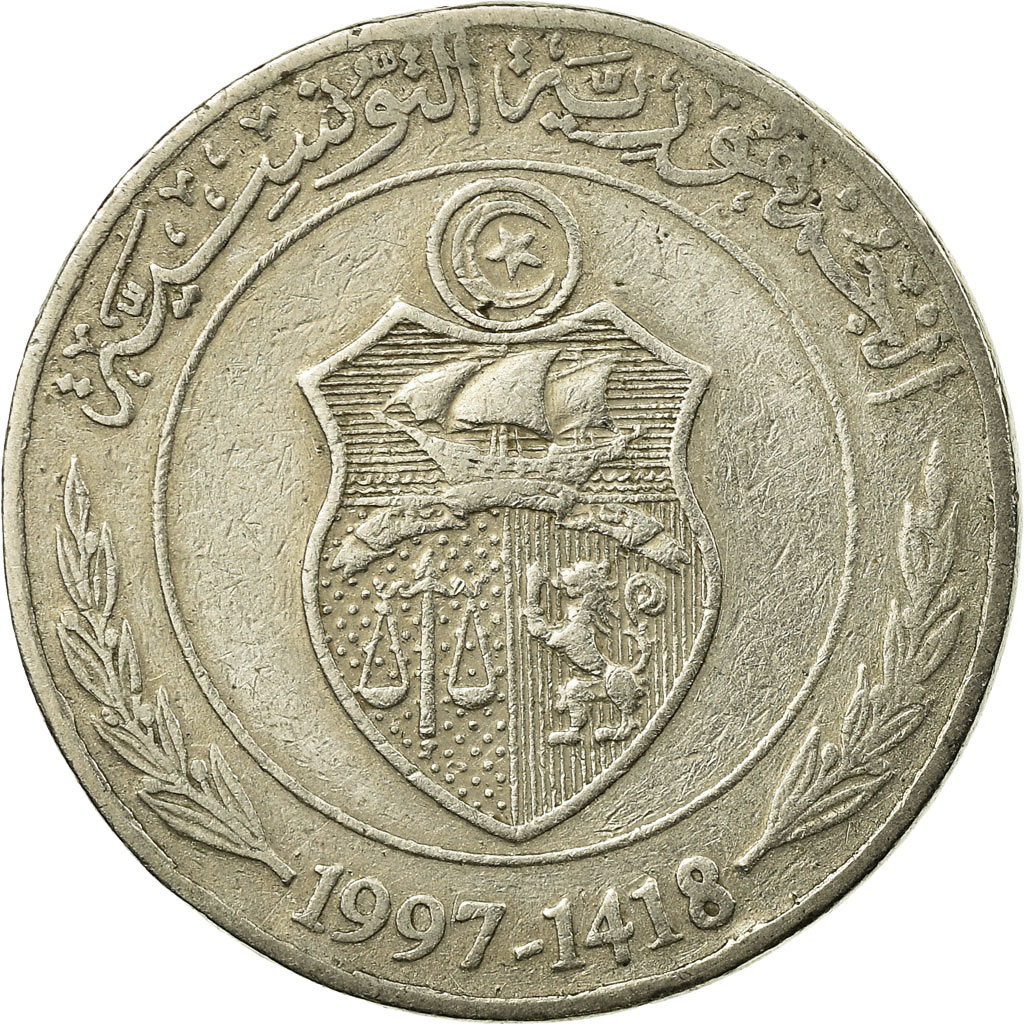 Coin, Tunisia, 1/2 Dinar, 1997, Paris, , Copper-nickel, KM:346