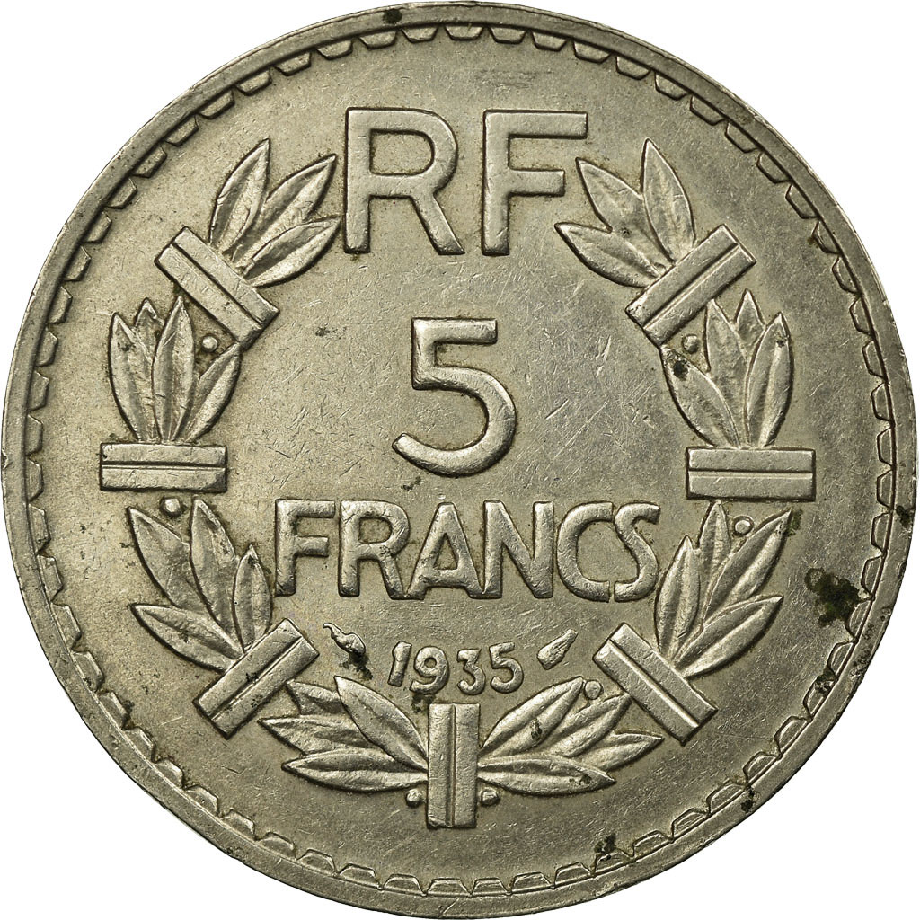 Moneta, Francia, Lavrillier, 5 Francs, 1935, Paris, MB+, Nichel, KM:888