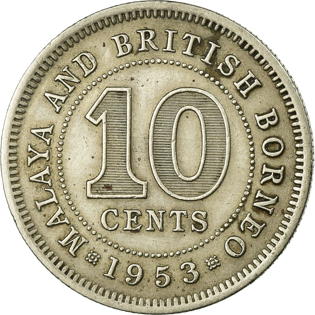 Moneda, PENÍNSULA MALAYA & BORNEO BRITÁNICO, 10 Cents, 1953, BC+, Cobre -