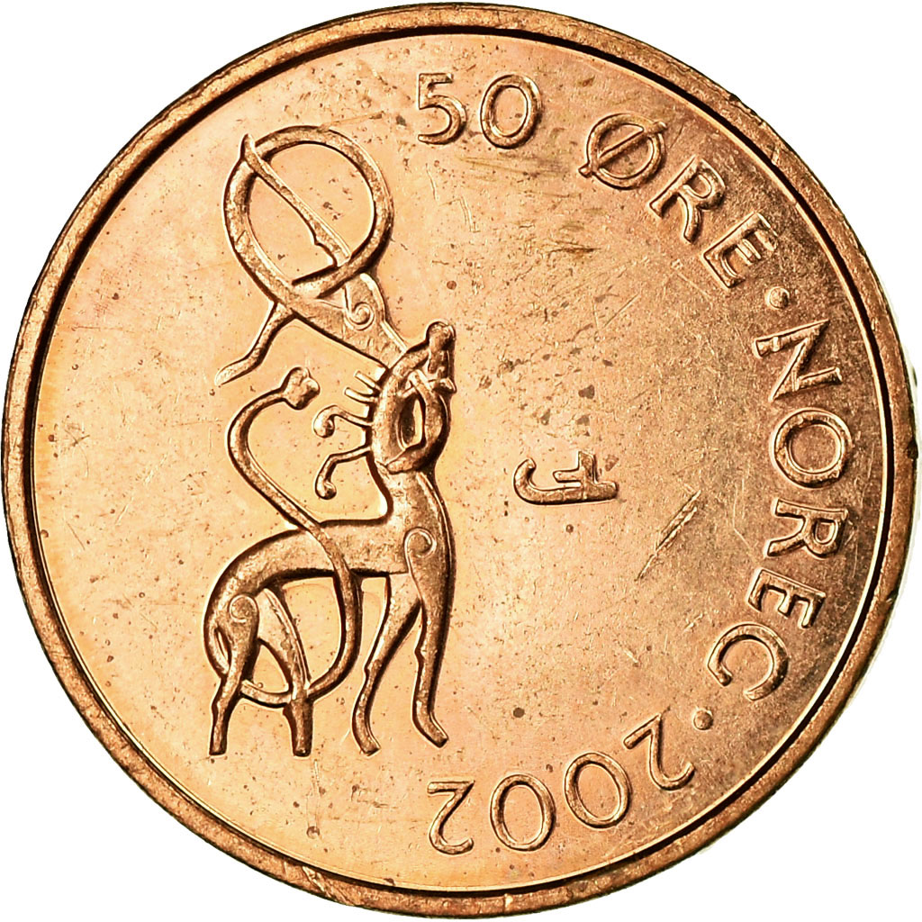 Moneda, Noruega, Harald V, 50 Öre, 2002, MBC, Bronce, KM:460