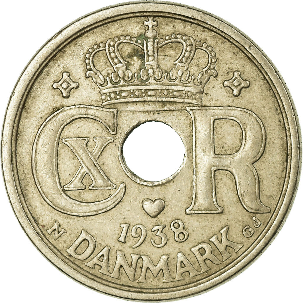 Moneda, Dinamarca, Christian X, 25 Öre, 1938, Copenhagen, MBC, Cobre - níquel