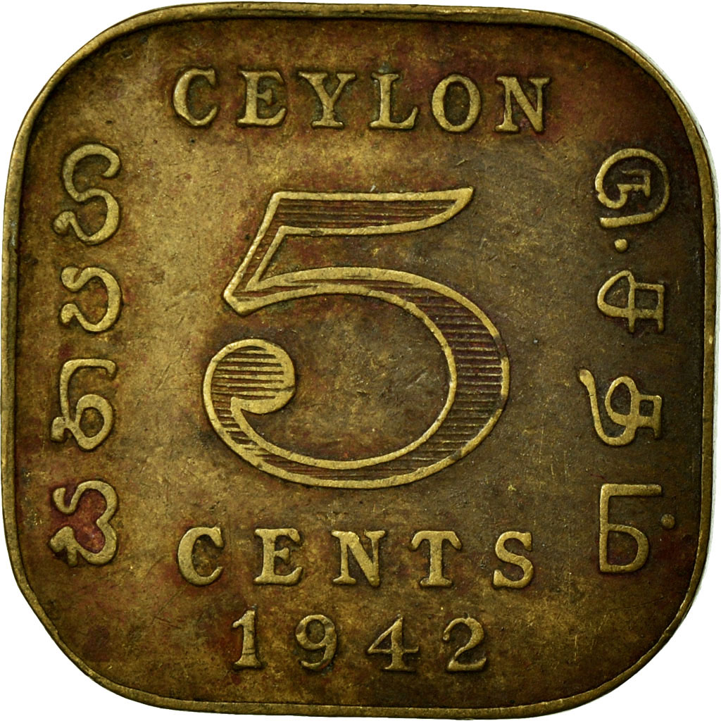 Moneda, Ceilán, George VI, 5 Cents, 1942, BC+, Níquel - latón, KM:113.1