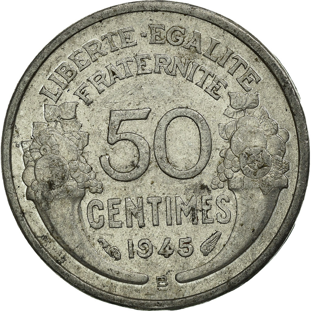 Moneda, Francia, Morlon, 50 Centimes, 1945, Beaumont - Le Roger, BC+, Aluminio