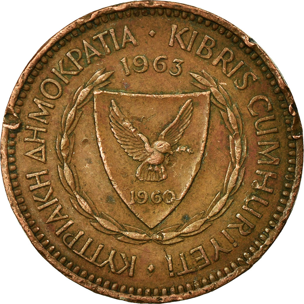 Moneda, Chipre, 5 Mils, 1963, BC+, Bronce, KM:39