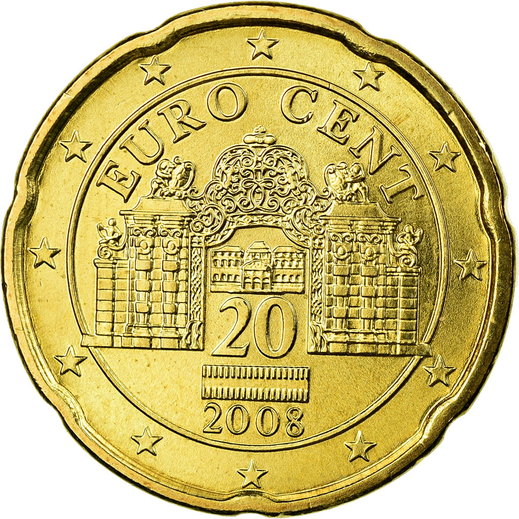 [#698414] Österreich, 20 Euro Cent, 2008, UNZ, Messing, KM:3140