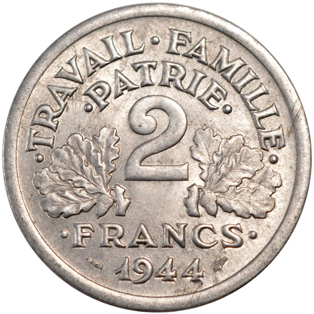 Munten, Frankrijk, Bazor, 2 Francs, 1944, Castelsarrasin, PR+, Aluminium
