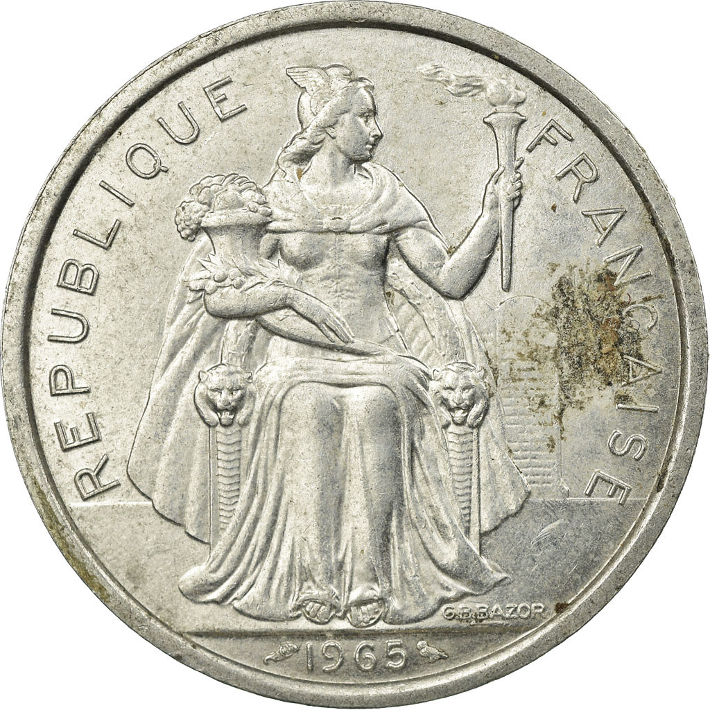 Moneda, Polinesia francesa, 5 Francs, 1965, Paris, BC+, Aluminio, KM:4