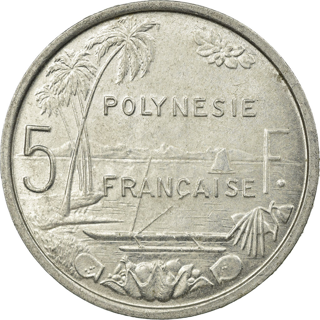 Moneda, Polinesia francesa, 5 Francs, 1965, Paris, BC+, Aluminio, KM:4