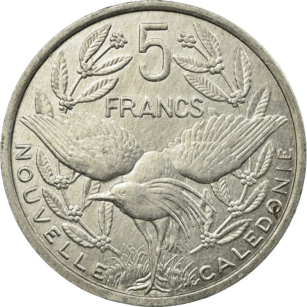 Moneda, Nueva Caledonia, 5 Francs, 1999, Paris, MBC, Aluminio, KM:16