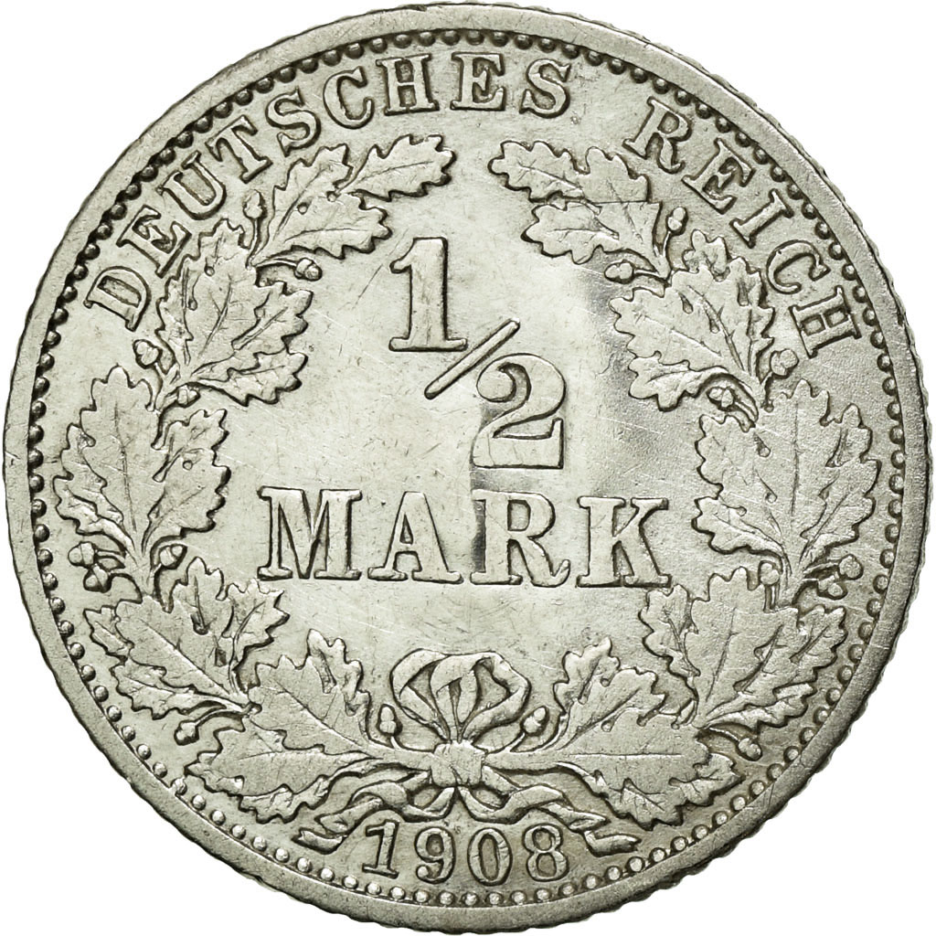 Coin, GERMANY - EMPIRE, 1/2 Mark, 1908, Karlsruhe, , Silver, KM:17