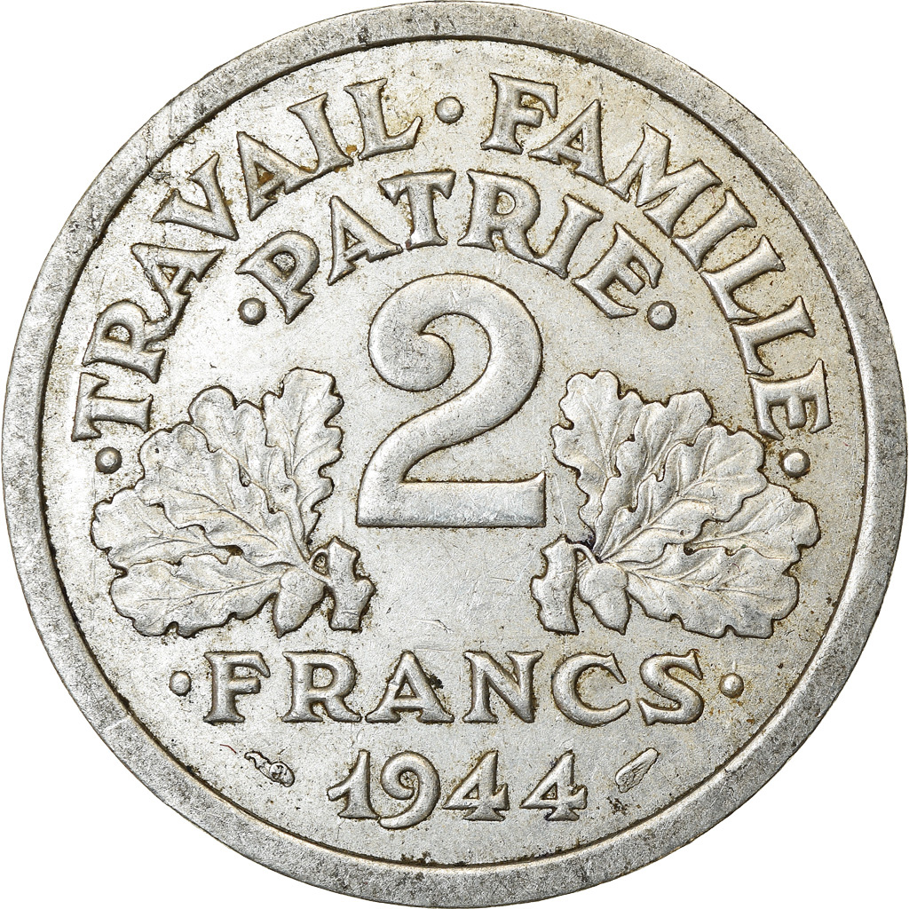 Moneda, Francia, Bazor, 2 Francs, 1944, Beaumont - Le Roger, MBC, Aluminio