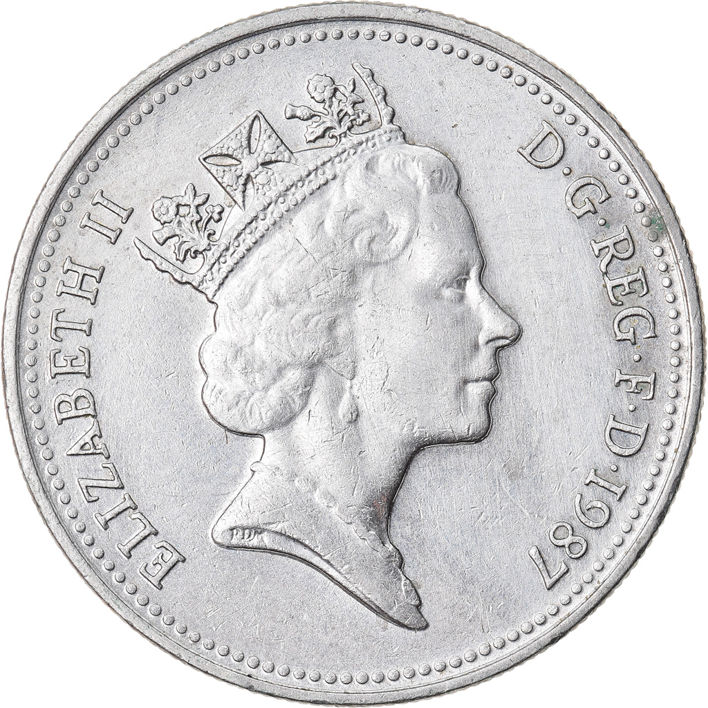Moneda, Gran Bretaña, Elizabeth II, 5 Pence, 1987, MBC, Cobre - níquel, KM:937