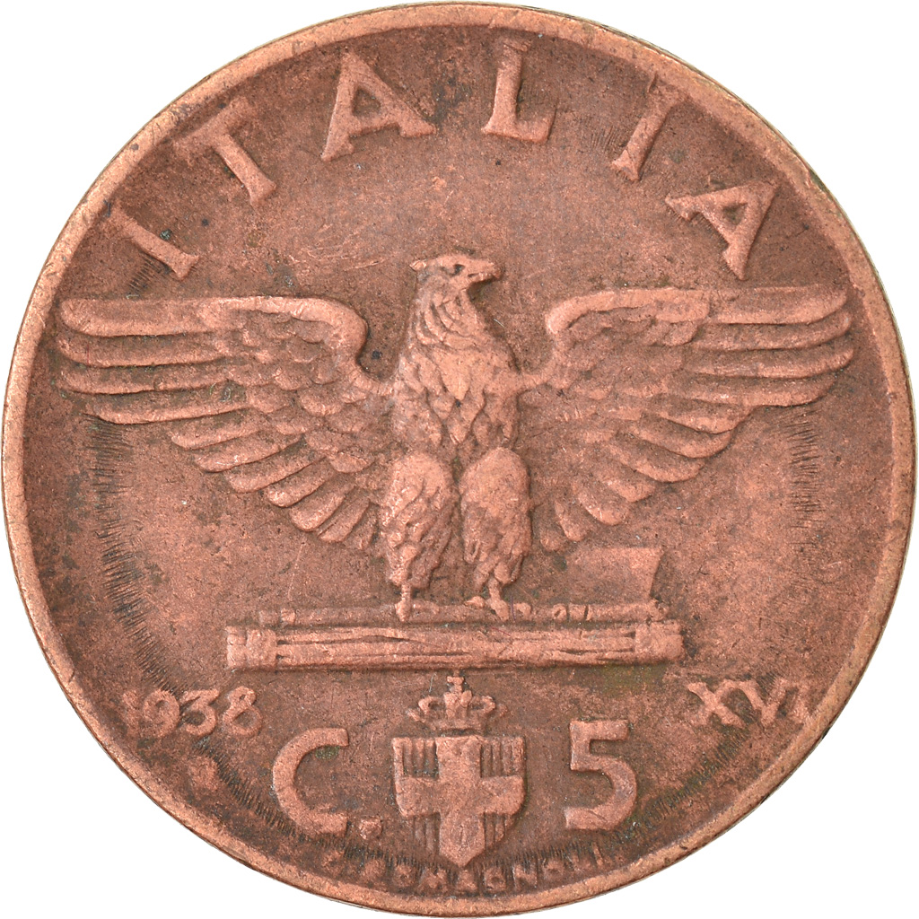 Moneda, Italia, Vittorio Emanuele III, 5 Centesimi, 1938, Rome, BC+, Bronce