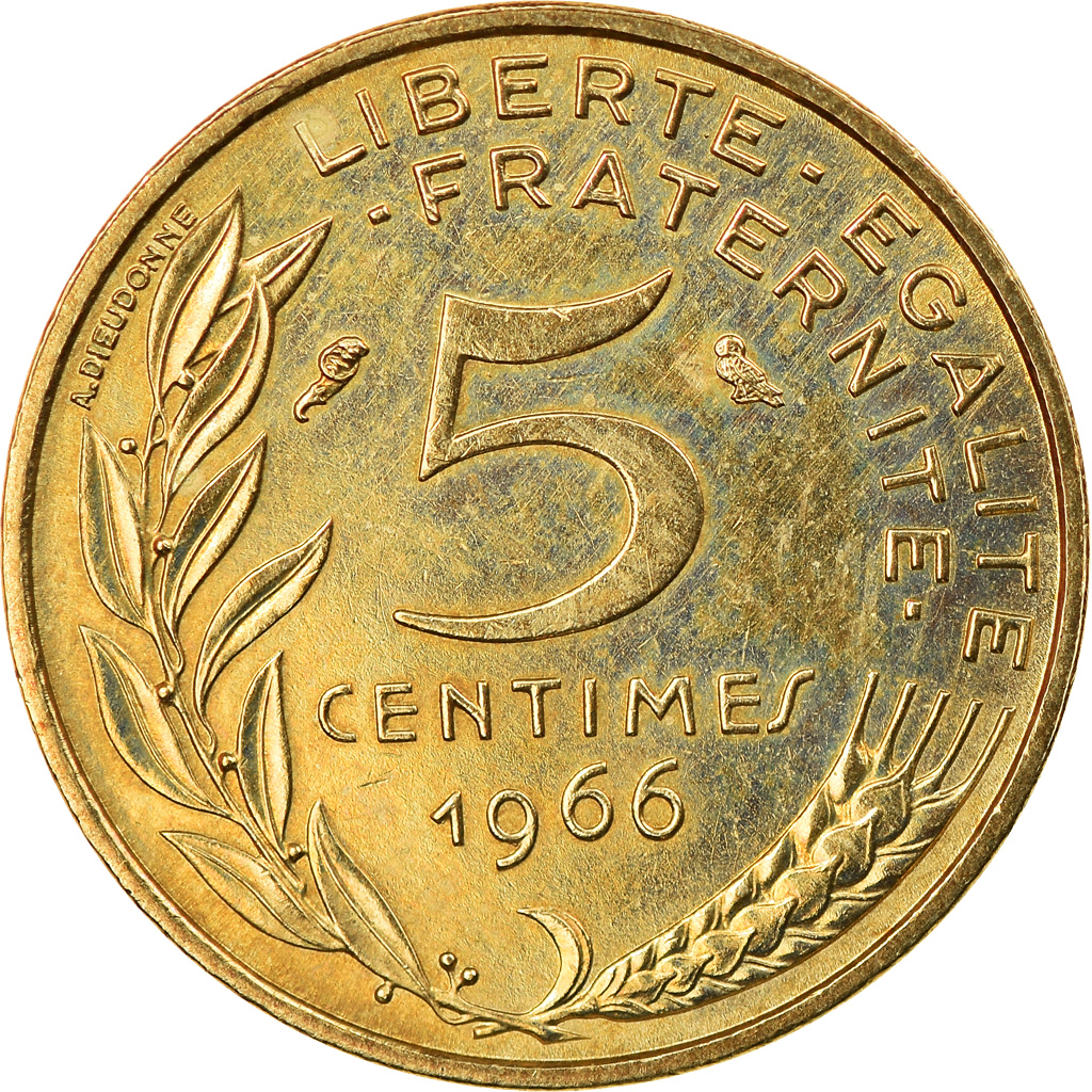 Moneda, Francia, Marianne, 5 Centimes, 1966, Paris, MBC+, Aluminio - bronce