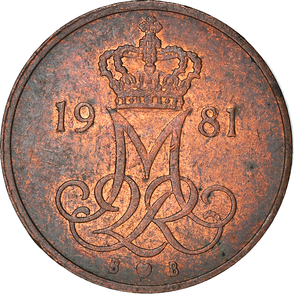 Moneda, Dinamarca, Margrethe II, 5 Öre, 1981, Copenhagen, MBC, Cobre recubierto