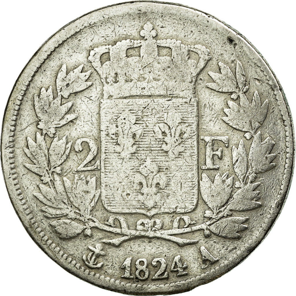 Munten, Frankrijk, Louis XVIII, Louis XVIII, 2 Francs, 1824, Paris, ZG+, Zilver