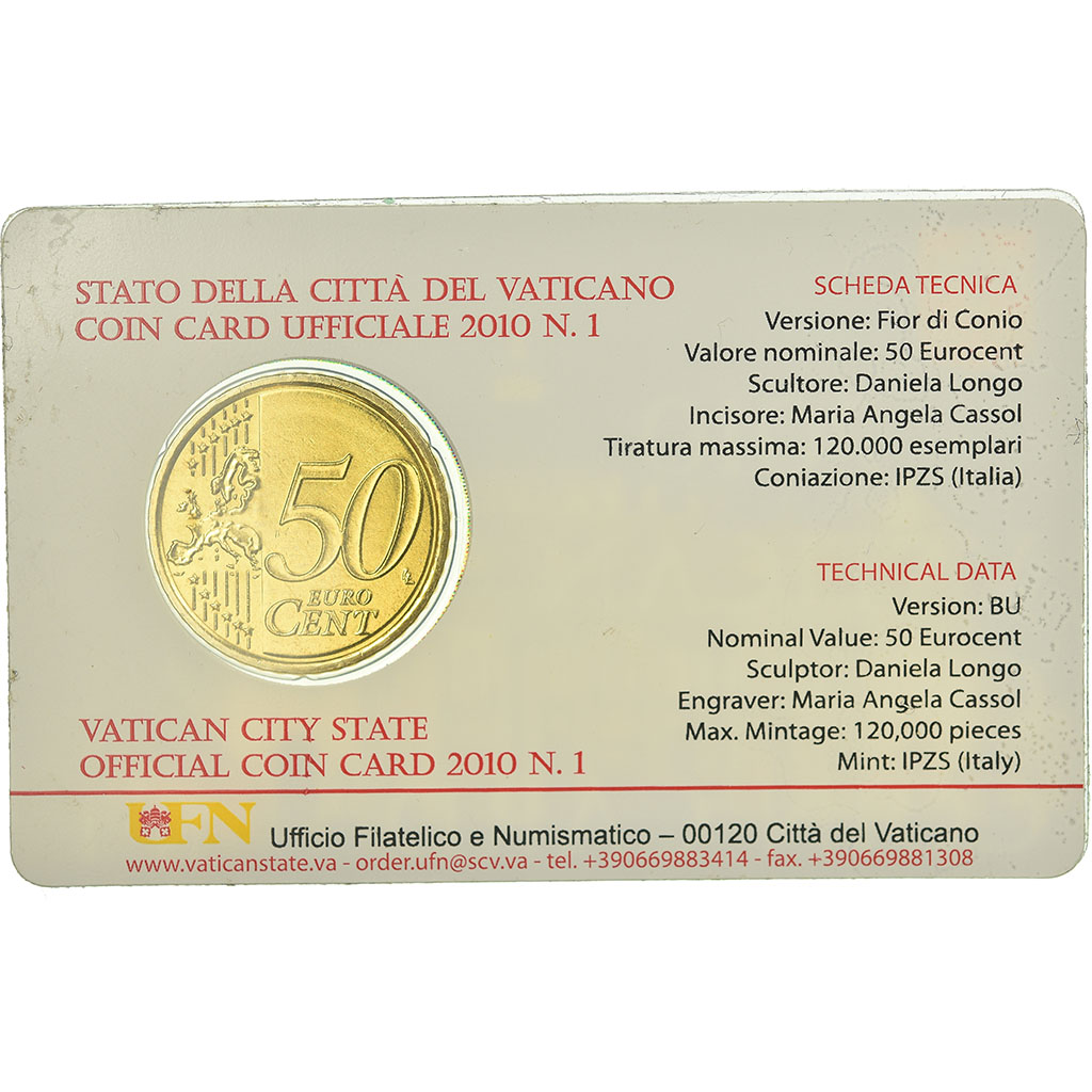 Vatikanstadt, 50 Euro Cent, 2010, Coin card, STGL, Messing