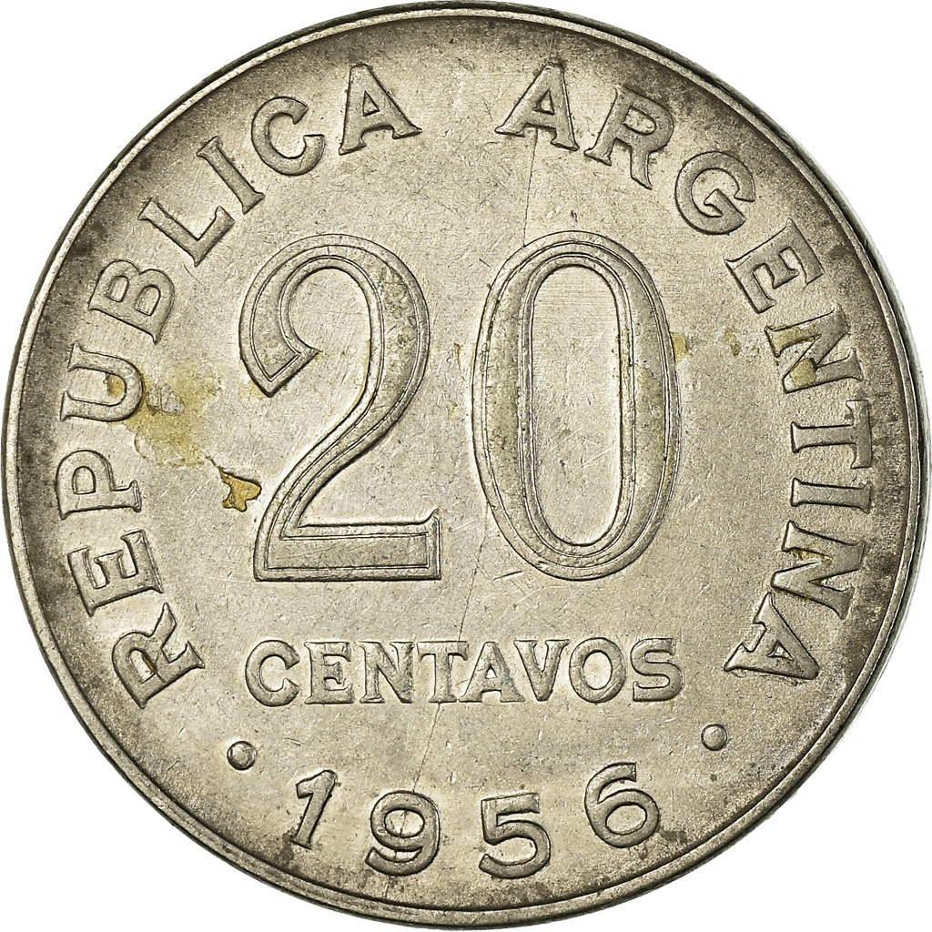 Coin, Argentina, 20 Centavos, 1956, , Nickel Clad Steel, KM:52