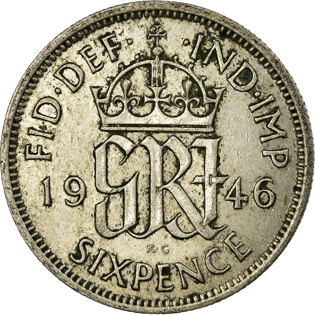 Moneda, Gran Bretaña, George VI, 6 Pence, 1946, MBC, Plata, KM:852
