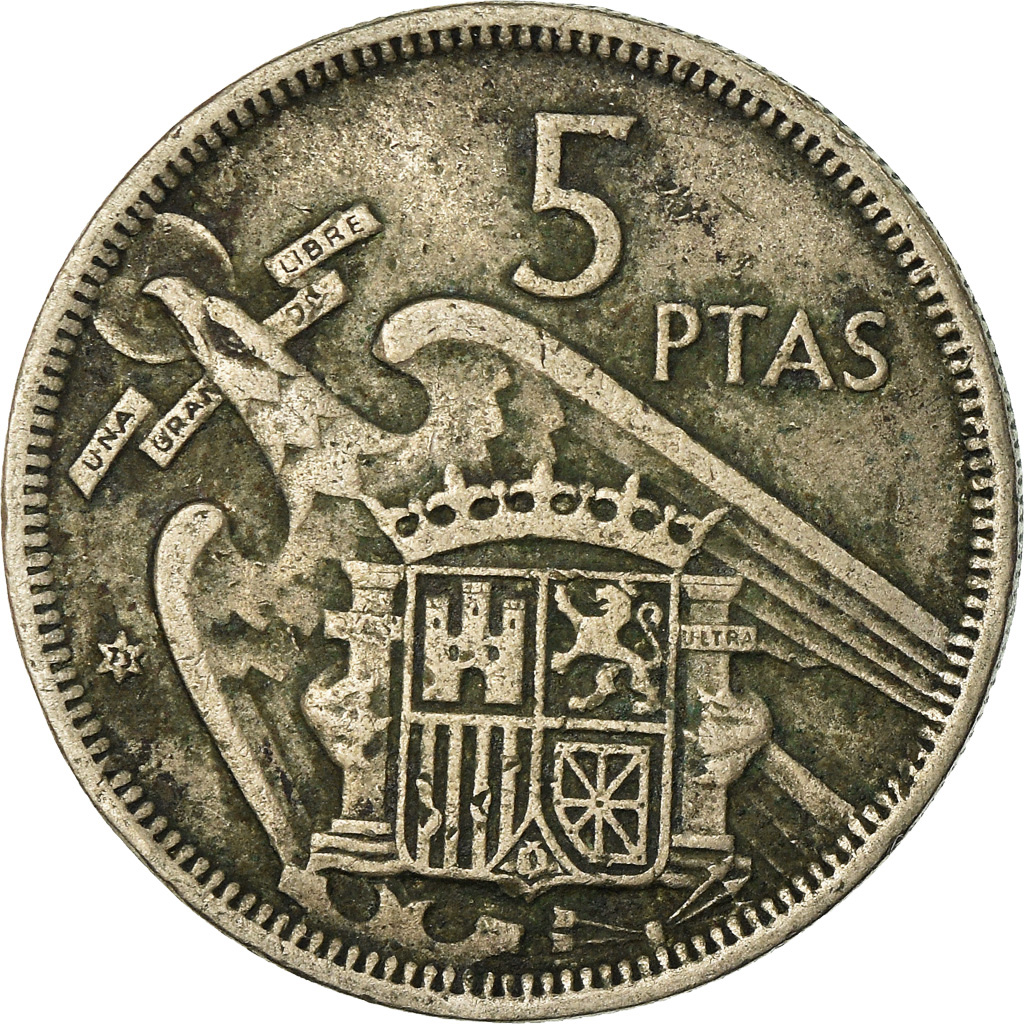 Moneda, España, Caudillo and regent, 5 Pesetas, 1973, BC+, Cobre - níquel