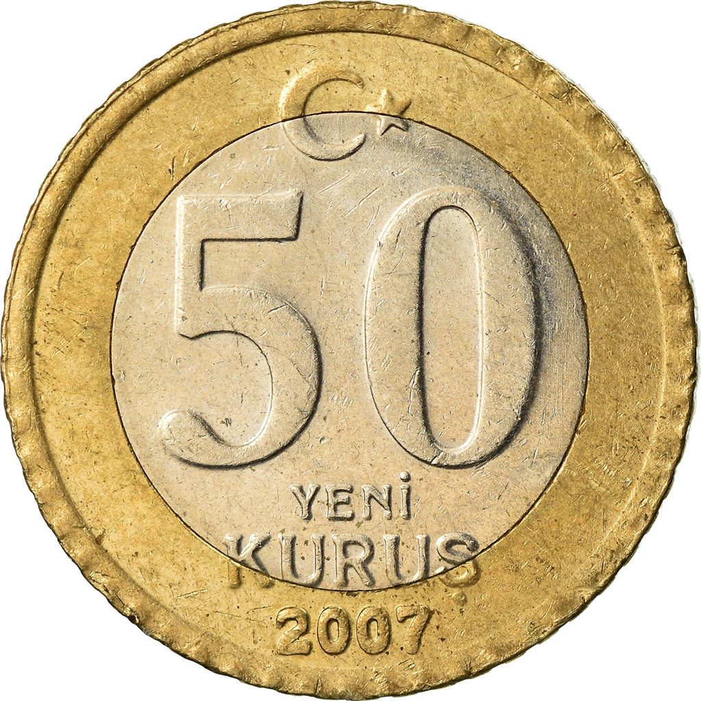 Moneda, Turquía, 50 New Kurus, 2007, Istanbul, MBC, Bimetálico, KM:1168