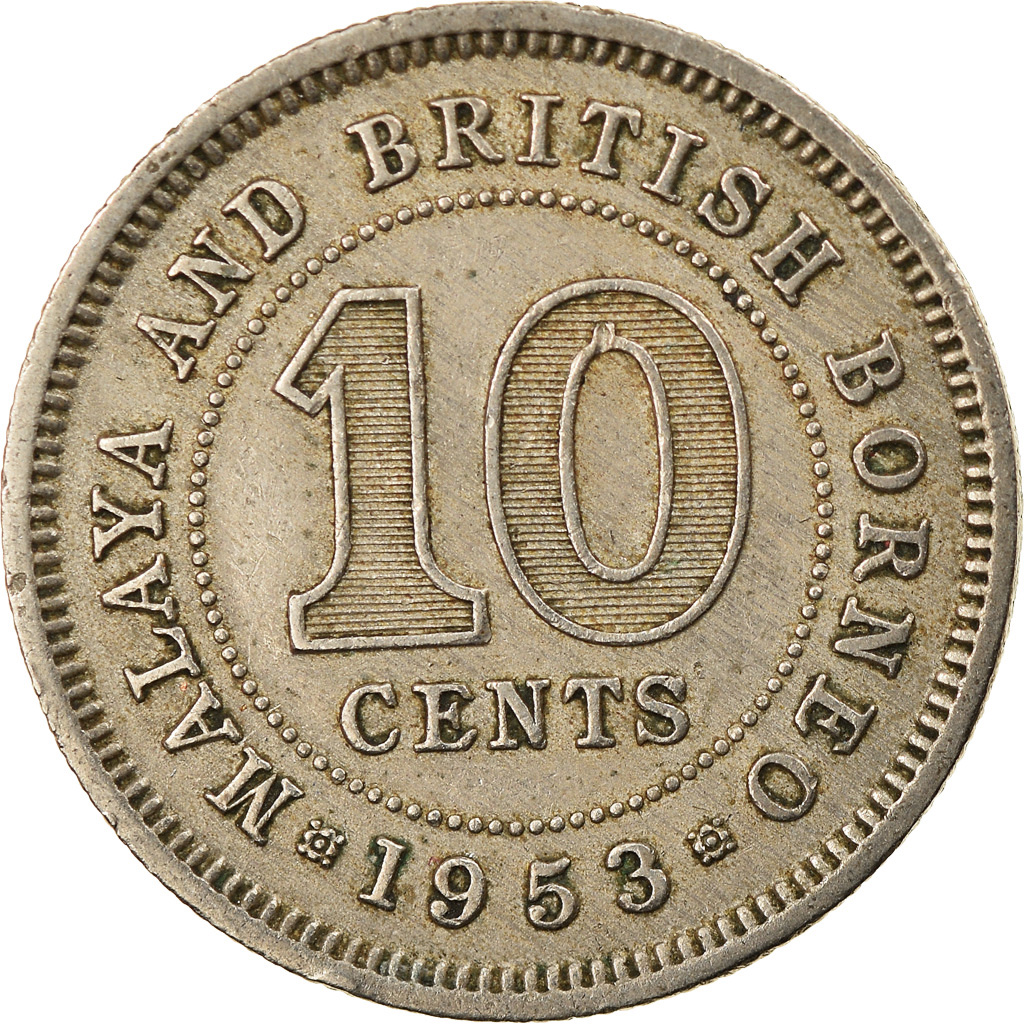 Moneda, PENÍNSULA MALAYA & BORNEO BRITÁNICO, 10 Cents, 1953, MBC, Cobre -