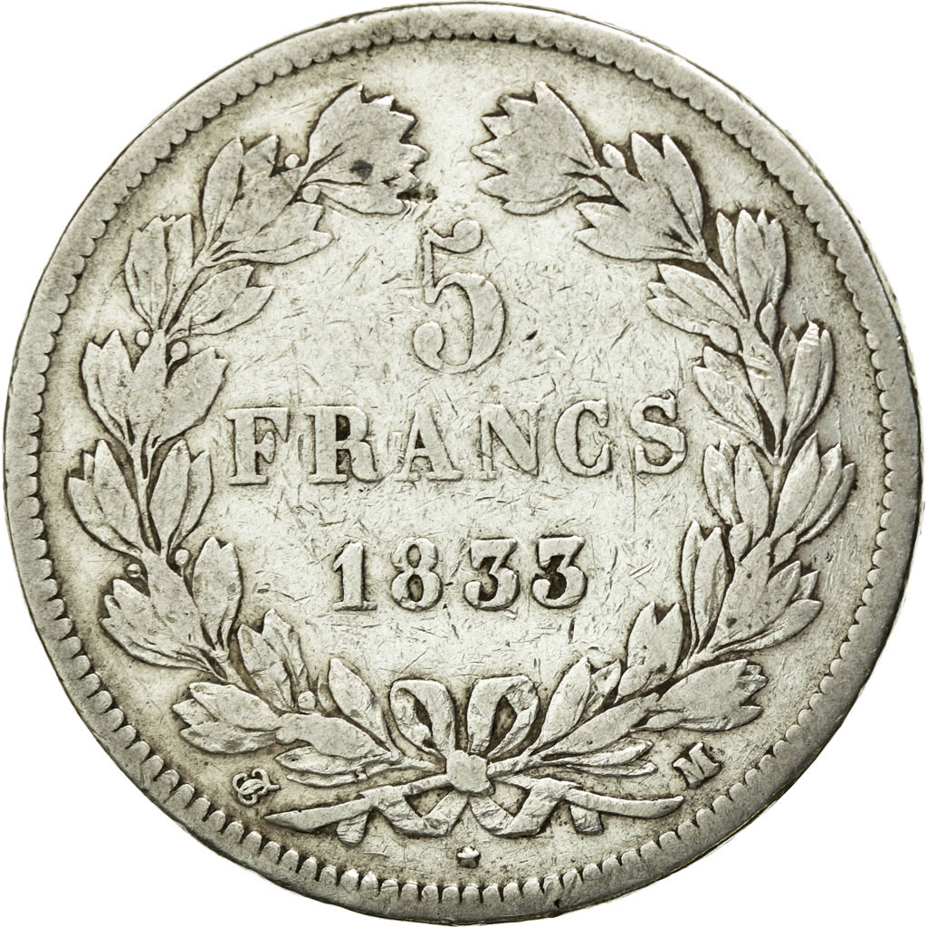 Coin, France, Louis-Philippe, 5 Francs, 1833, Toulouse, VF(20-25), Silver