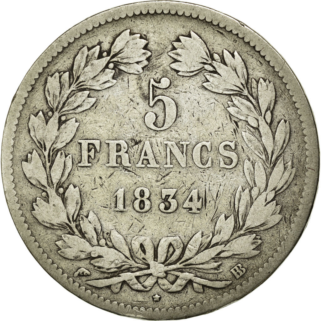 Coin, France, Louis-Philippe, 5 Francs, 1834, Strasbourg, , Silver
