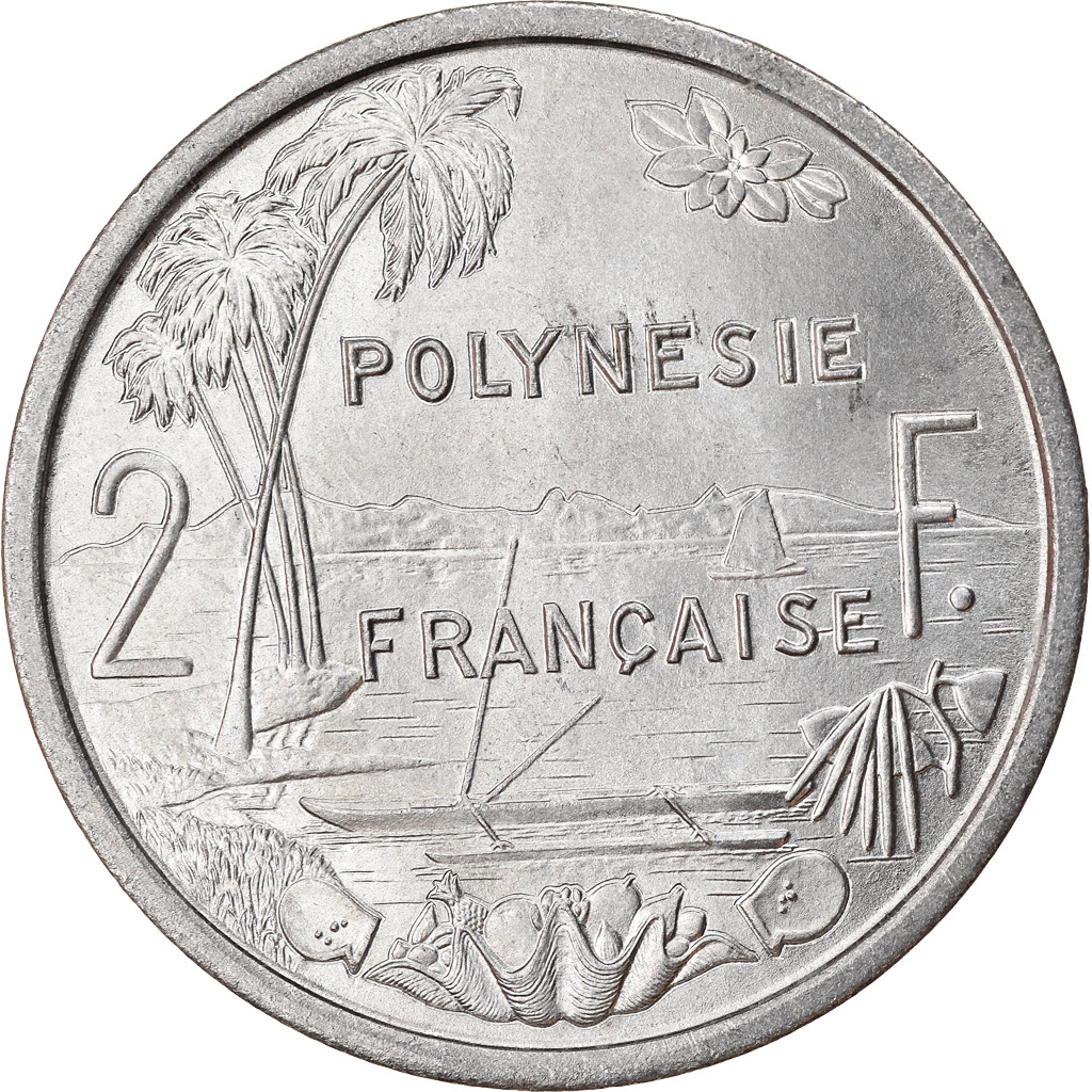 Moneda, Polinesia francesa, 2 Francs, 1973, Paris, MBC+, Aluminio, KM:10