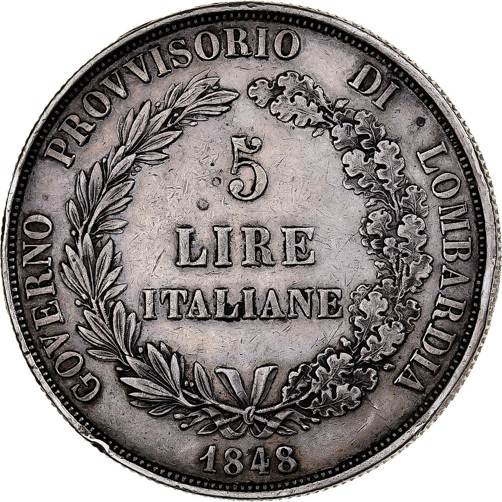 Italy, 5 Lire, 1848, Milan, Silver, , KM:22.1 | European Coins