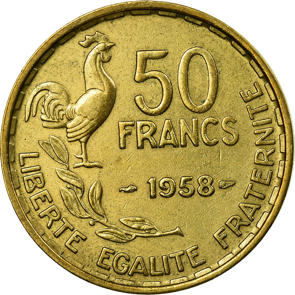 Coin, France, Guiraud, 50 Francs, 1958, Paris, AU, Aluminum-Bronze