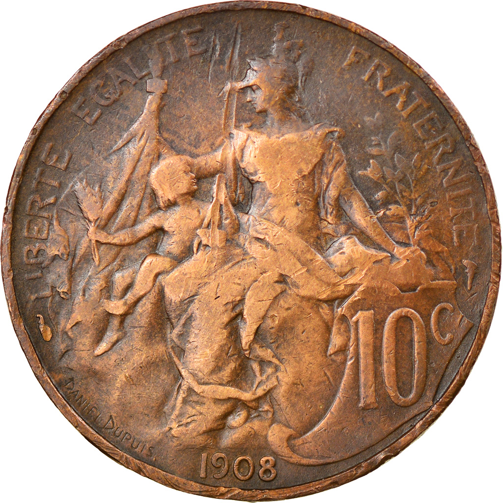 Moneda, Francia, Dupuis, 10 Centimes, 1908, Paris, BC+, Bronce, KM:843
