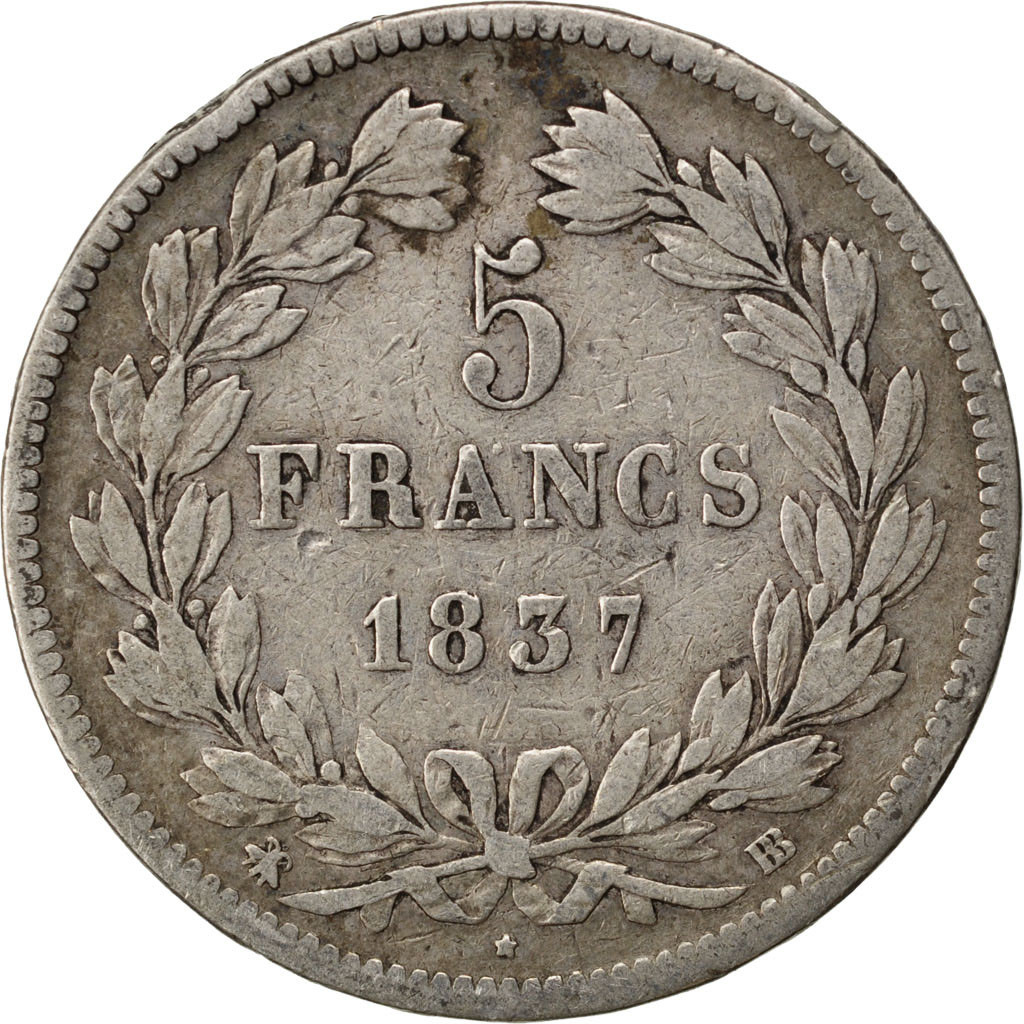 Coin, France, Louis-Philippe, 5 Francs, 1837, Strasbourg, VF(20-25), Silver