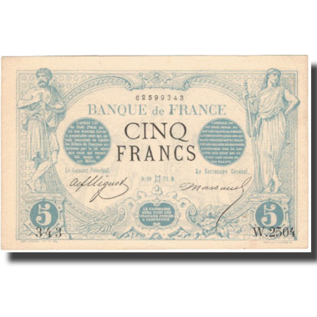France, 5 Francs, Noir, 1873, 1873-05-01, UNC(63), Fayette:1.18, KM:60