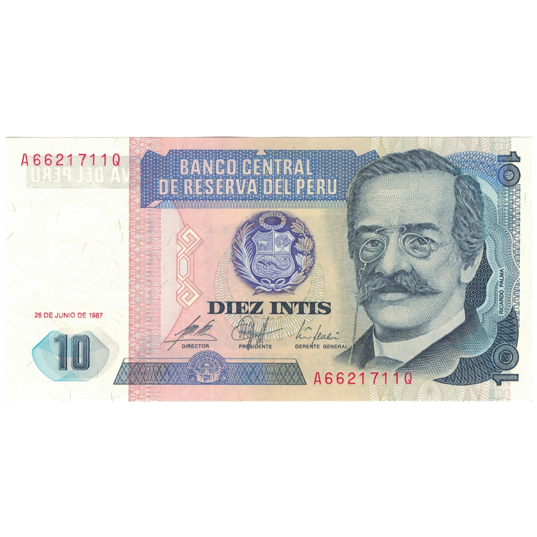 Billete, 10 Intis, 1987, Perú, 1987-06-26, KM:128, SC+