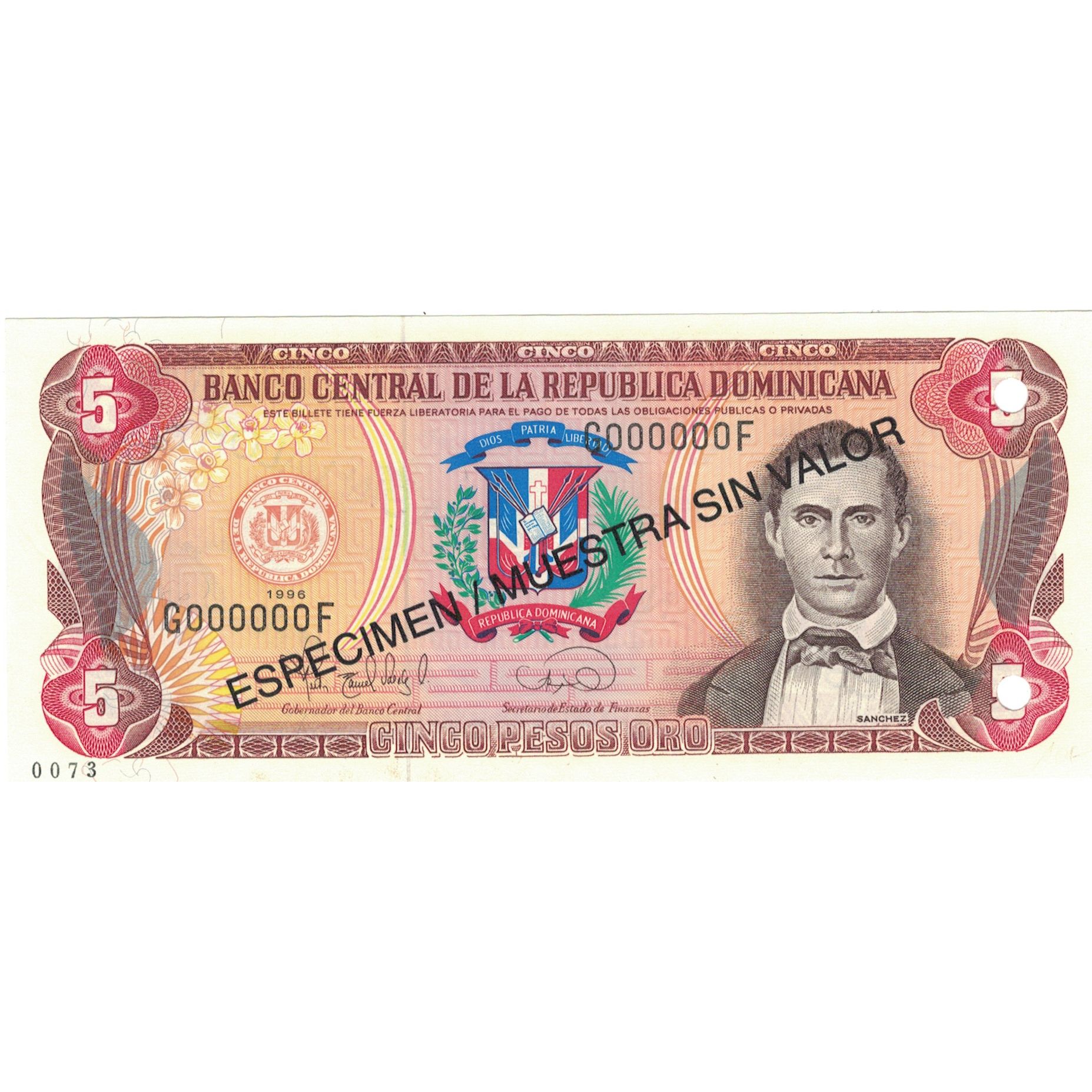 Banknote, Dominican Republic, 5 Pesos Oro, 1996, 1996, Specimen, KM:152s1