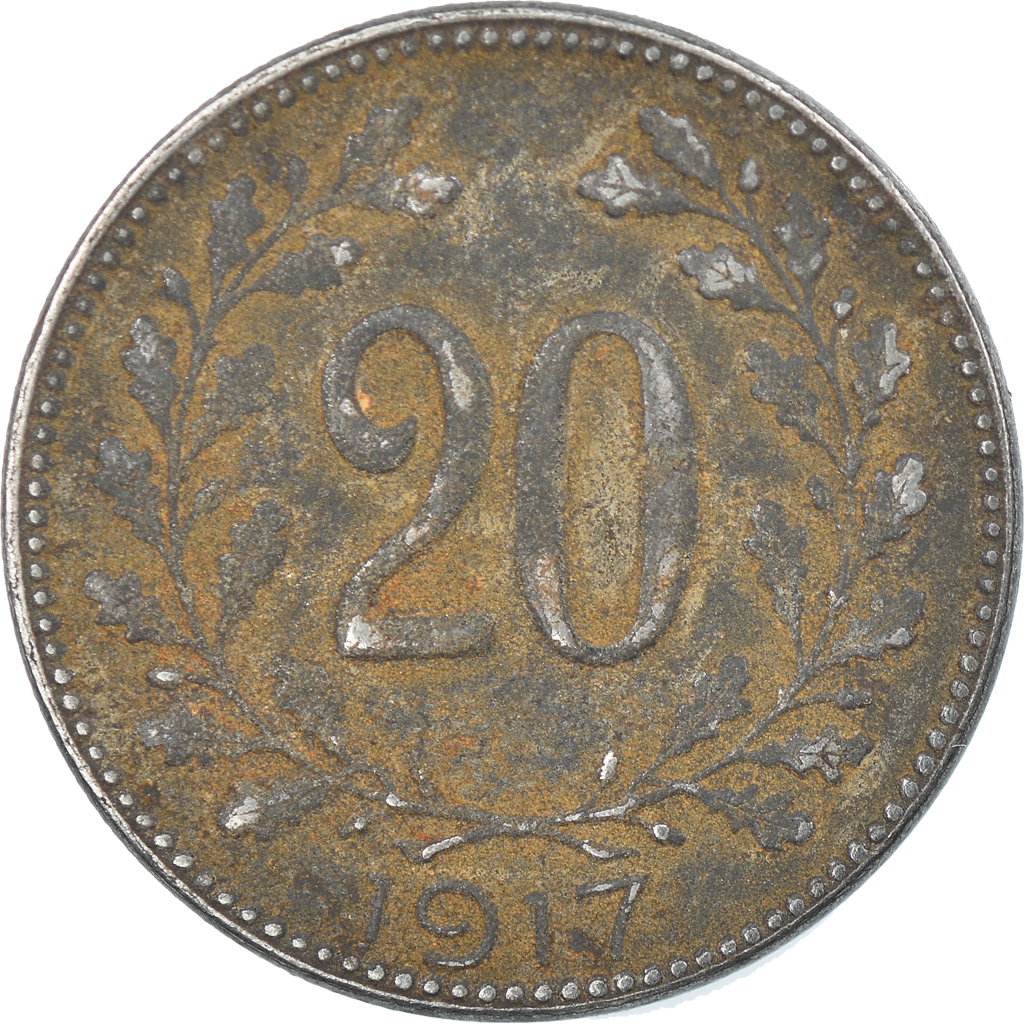 Moneda, Austria, Karl I, 20 Heller, 1917, BC+, Hierro, KM:2826