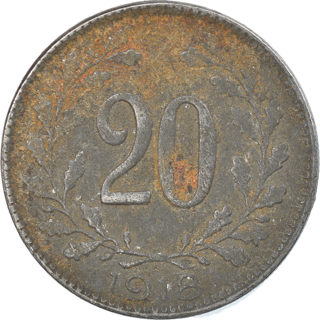Moneda, Austria, Karl I, 20 Heller, 1918, BC+, Hierro, KM:2826