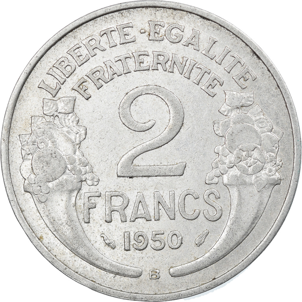 Moneda, Francia, Morlon, 2 Francs, 1950, Beaumont - Le Roger, MBC, Aluminio