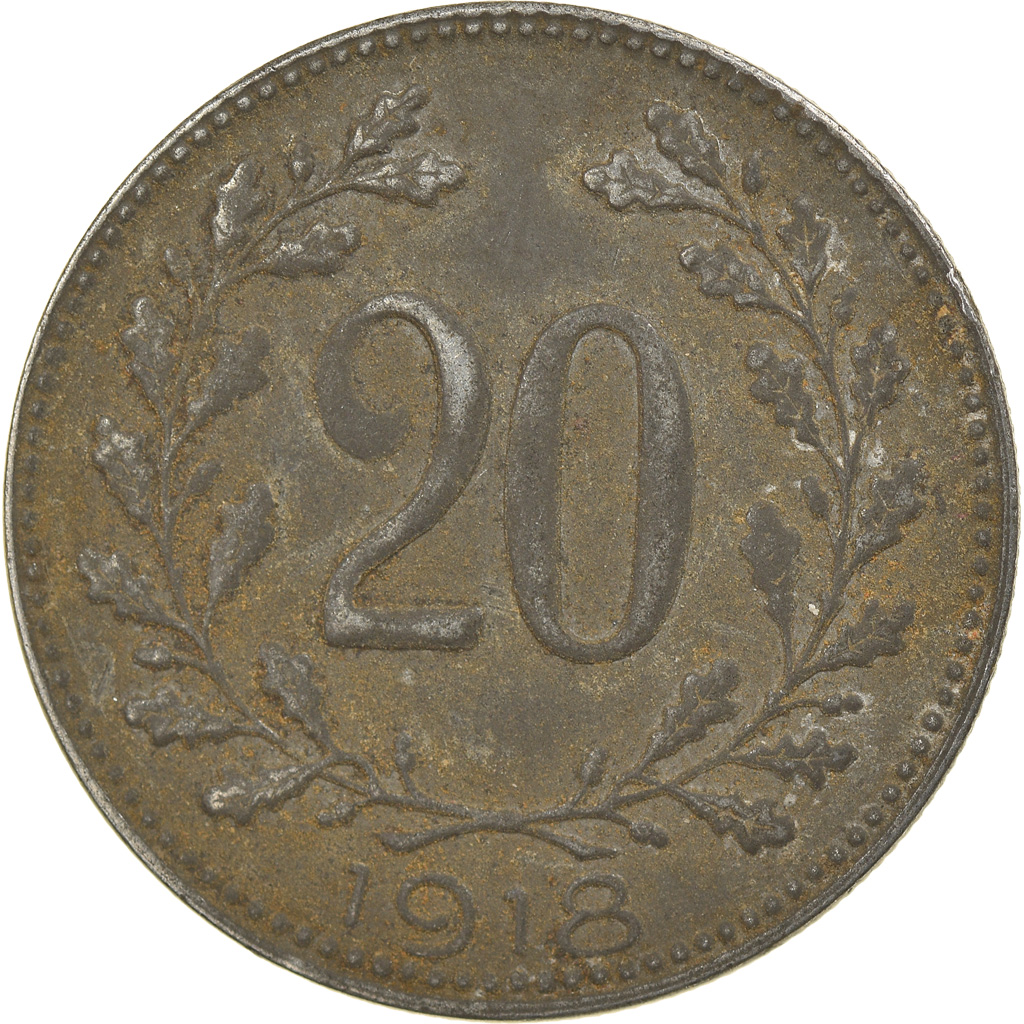 Moneda, Hungría, 20 Fillér, 1918, BC+, Hierro, KM:498