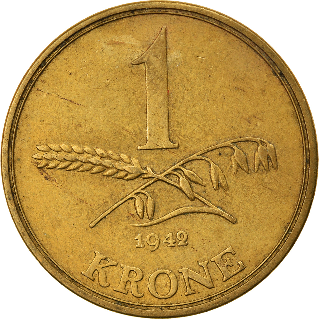 Moneda, Dinamarca, Christian X, Krone, 1942, Copenhagen, MBC, Aluminio - bronce
