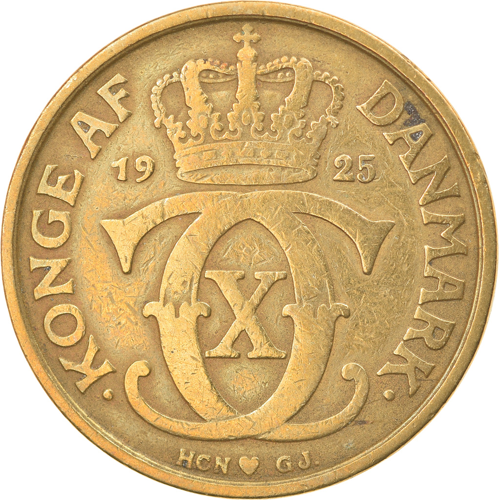 Moneda, Dinamarca, Christian X, Krone, 1925, Copenhagen, MBC, Aluminio - bronce