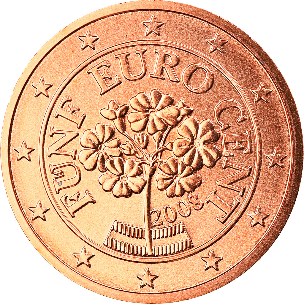 [#819172] Austria, 5 Euro Cent, 2008, Vienna, MS(65-70), Copper Plated Steel, KM